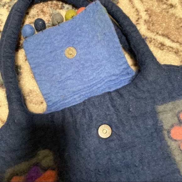 Rising Tide Blue Wool Shoulder Purse with Flower and Pompom Details - Picture 5 of 8